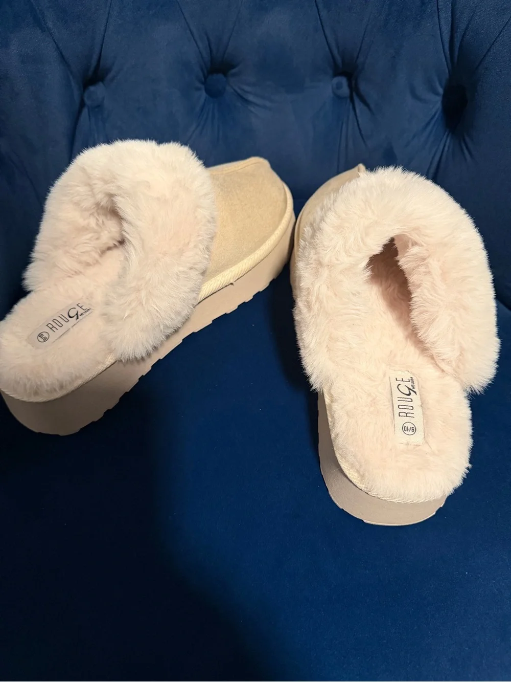 Rouge Cozy Faux-Fur Slip-On Platform Slippers in Cream